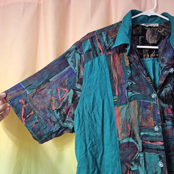 90's Vintage Dena Lauren Teal Button Up Collared Funky Shirt - Picture 3 of 10